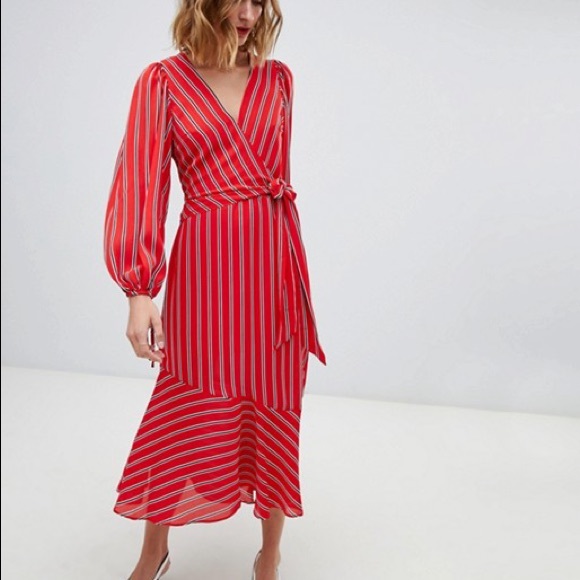 Warehouse Dresses & Skirts - Warehouse Wrap Front Striped Midi Dress Tie Detail